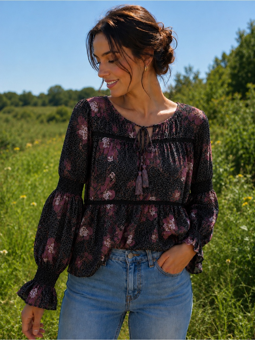 Knox Rose Black Floral Peasant Blouse with Plum Accents